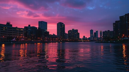 Fototapeta premium Cityscape of Chicago at sunset with lights turning on