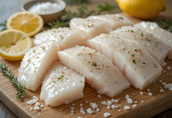 Raw Cod on Cutting Board with Seasoning Touch, Fresh Cod Fillets Ready for Perfect Cooking