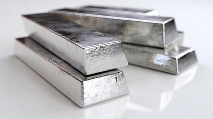 Stack of silver bars reflecting on a table.  