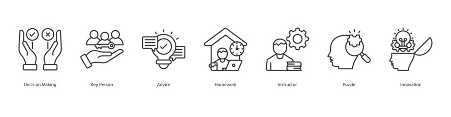 Decision Process icon sheet vector decision making, key person, advice, homework, instructor, puzzle, innovation