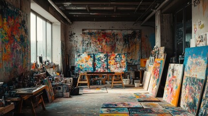 Obraz premium Atmospheric art studio filled with vibrant canvases and creative chaos