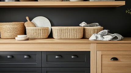 Scandinavian-style closet with open shelves, woven baskets, and warm wood finishes