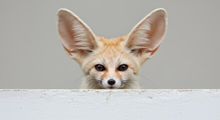 Adorable fennec fox with enormous ears peering over a white ledge