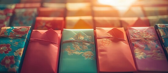 Colorful gift envelopes, market stall, sunlight, celebration