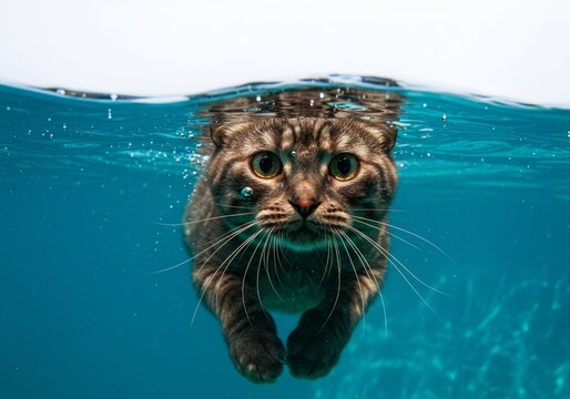 Curious tabby cat swimming underwater looking at the camera closeup view