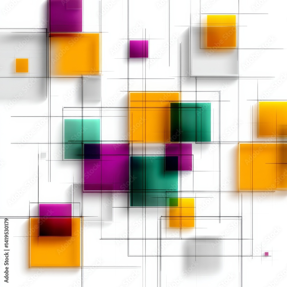 Fototapete Abstract Composition: Floating Colored Squares and Intersecting Lines on White Background
