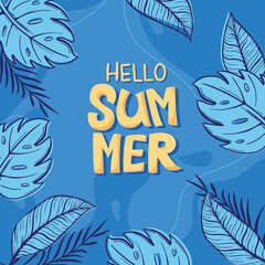 Seasonal Hello Summer banner template with Vector illustration of Hello Summer lettering, palm leaves against a blue background.