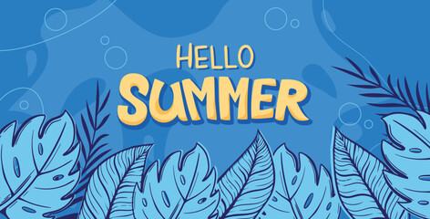 Seasonal Hello Summer banner template with Vector illustration of Hello Summer lettering, palm leaves against a blue background.