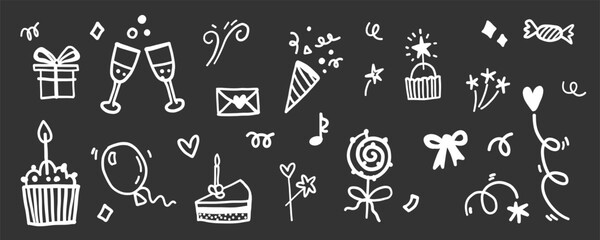 Cute vector birthday party icon chalkboard  hand drawn doodle set with garlands, cake, balloons, fireworks, bunting. Celebrate the happy anniversary, wedding day 