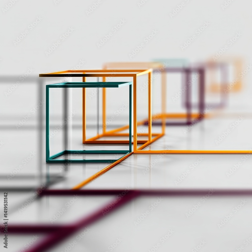 Leinwandbilder Colorful Geometric Abstraction: A row of minimalist cube outlines receding into the distance on a clean white surface