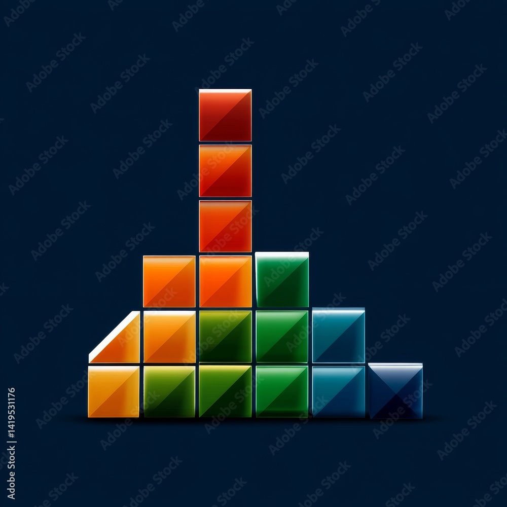 Poster Colorful Cube Stack on Blue Background: Modern Abstract Geometric Design with Glossy Texture