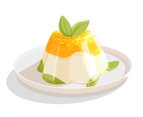A refreshing dessert featuring a creamy white panna cotta topped with a tangy orange glaze and fresh mint leaves. The dessert is served on a simple white plate.