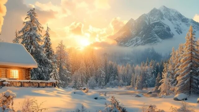 Serene mountain cabin in a snowy winter wonderland