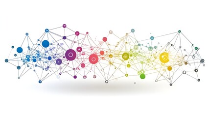 Abstract colorful network connection nodes and lines forming a vibrant digital data stream illustration on white background.