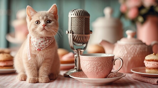 Adorable Peach Kitten at a Pastel Tea Party with Vintage Microphone