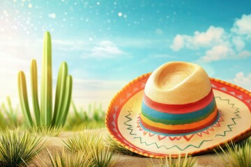 Sombrero and Cactus in Desert Landscape