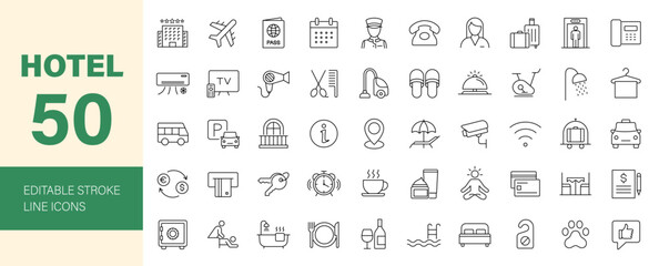 Hotel icon set. Hotel services related line icons: room, rental, reservation, hotel booking, parking, bellboy, breakfast, travel, vacation, holiday and more. Editable stroke. Vector illustration.