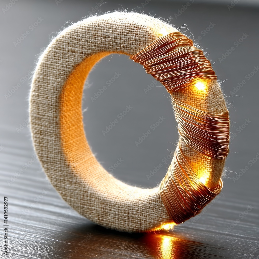 Poster ring of texturized light: an artistic ring constructed from woven material and wrapped with copper w