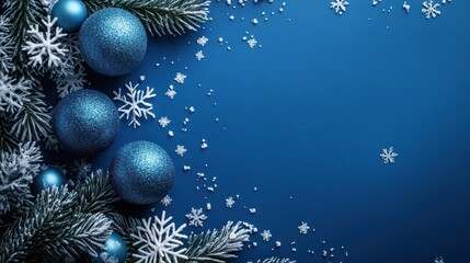 Fototapeta premium Elegant deep blue Christmas ornaments with snowy branches and snowflakes adornment