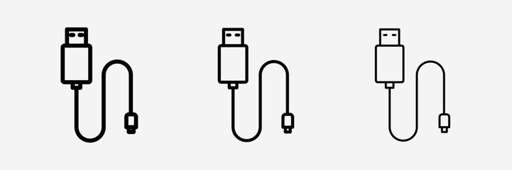 Charging cable icon on white background with thin, light and stroke.