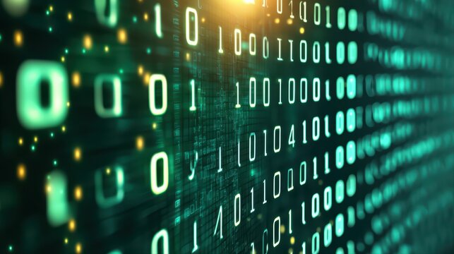 Abstract digital background with green binary code and light effects