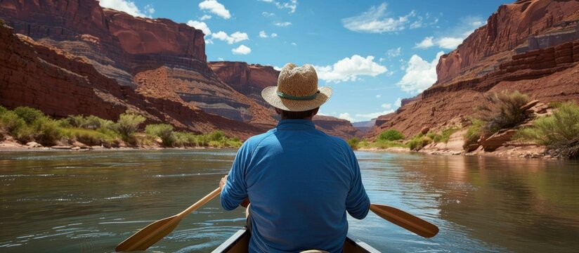 Adventurous man kayaking through majestic canyons on a sunny day excursion