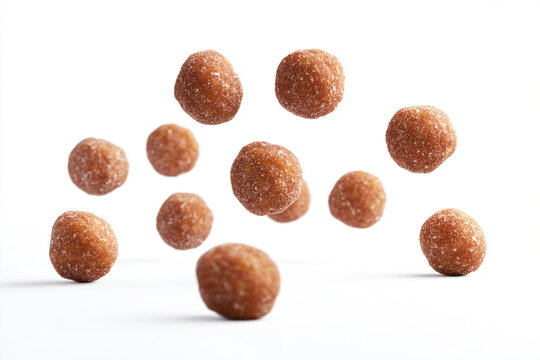 a group of sugar coated doughnuts flying in the air