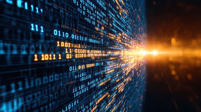 Digital binary code stream with blurred motion and light effects