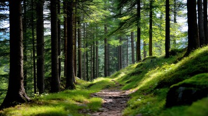 Obraz premium Lush forest path in sunlight (1)