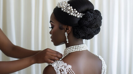 A woman with a pearl headpiece and necklace is getting her hair done