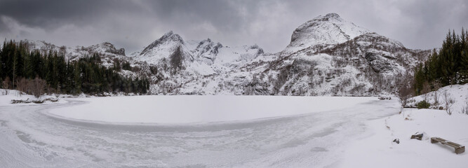 Snowy landscapes of the Lofoten Islands (Norway)