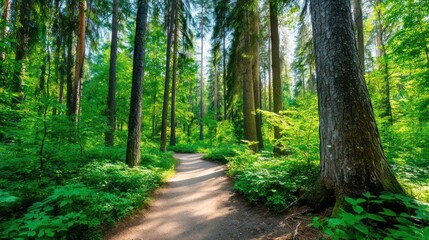Lush forest path in sunlight