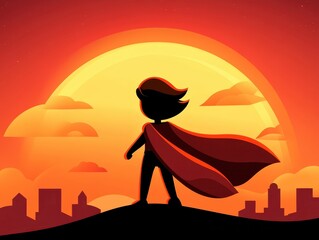 Silhouette of a superhero at sunset