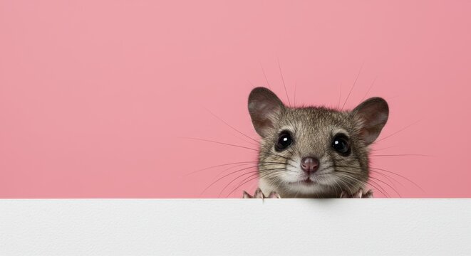 Adorable Bushy-tailed Jird Peeking over White Surface on Pink Backdrop