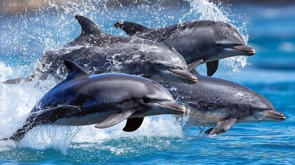 Fototapeta premium Four Dolphins Leaping in Blue Ocean Water