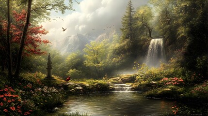 Obraz premium A serene landscape painting depicts a cascading waterfall in a lush forest with mountains in the background and a tranquil stream flowing gently.