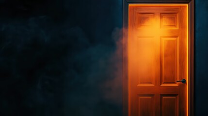 Mysterious door with light and smoke creating an intriguing atmosphere