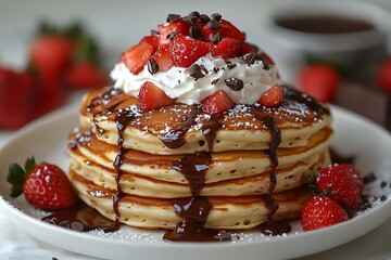 Stack of Pancakes Topped with Strawberries, Chocolate Chunks and Whipped Cream, Syrup Drizzle