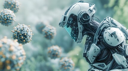 A futuristic cyborg robot in hazmat suit studies microscopic virus cells in a digital environment.