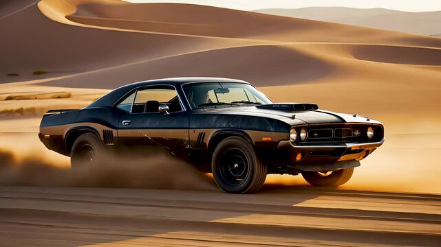 Classic muscle car drifting on desert sand at golden hour with motion blur