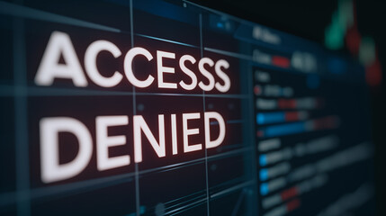 Access Denied: A close-up shot of a computer screen displaying a stern "ACCESS DENIED" message, the screen filled with digital activity, signaling a potential security breach or restricted access.