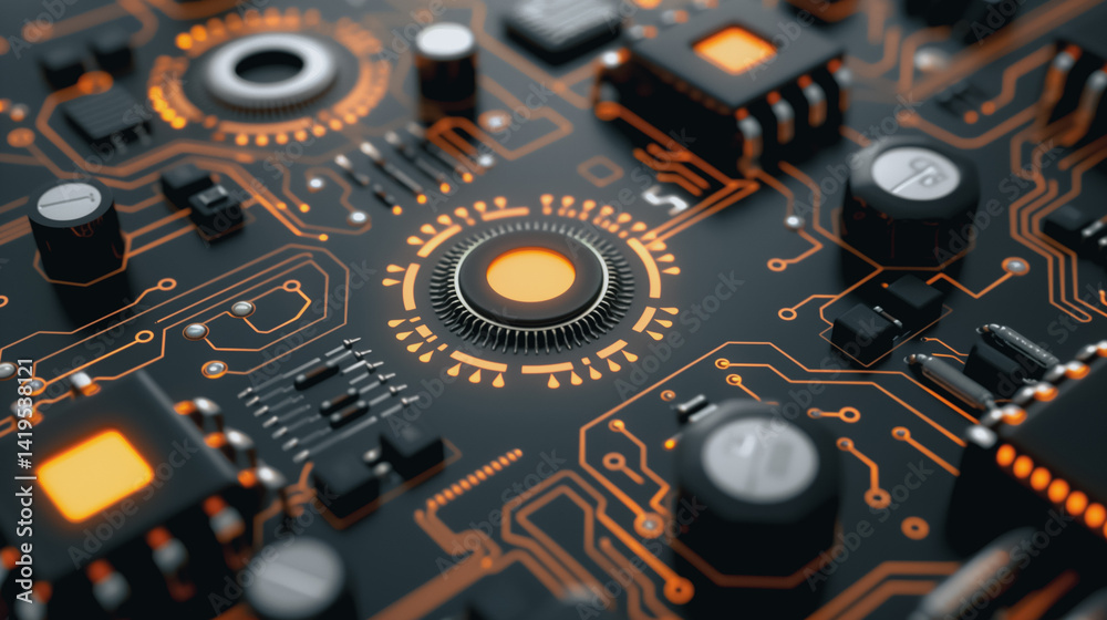 Poster electronic circuitry close-up: a mesmerizing view of a meticulously crafted circuit board. intricate