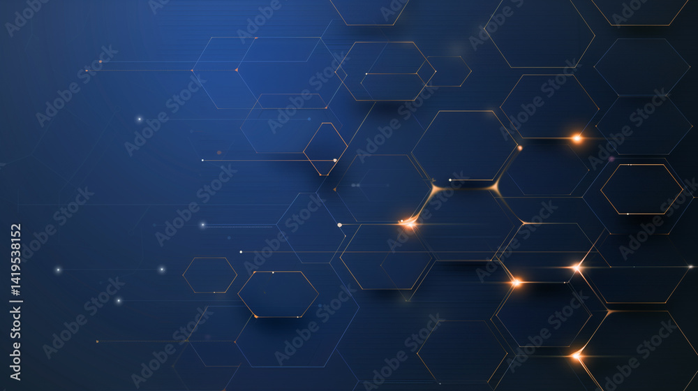 Poster digital hexagons: a dynamic arrangement of interconnected, glowing hexagonal structures in a deep bl
