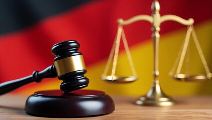 German Justice: Gavel and Scales of Justice before German Flag