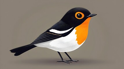 Fototapeta premium A vibrant illustration of a small bird with black white and orange plumage perched on a neutral background.