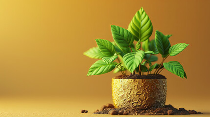 Arrow Leaf Plant Growing from Gold Pot &ndash; 3D Cartoon Finance Concept in Bright Colors