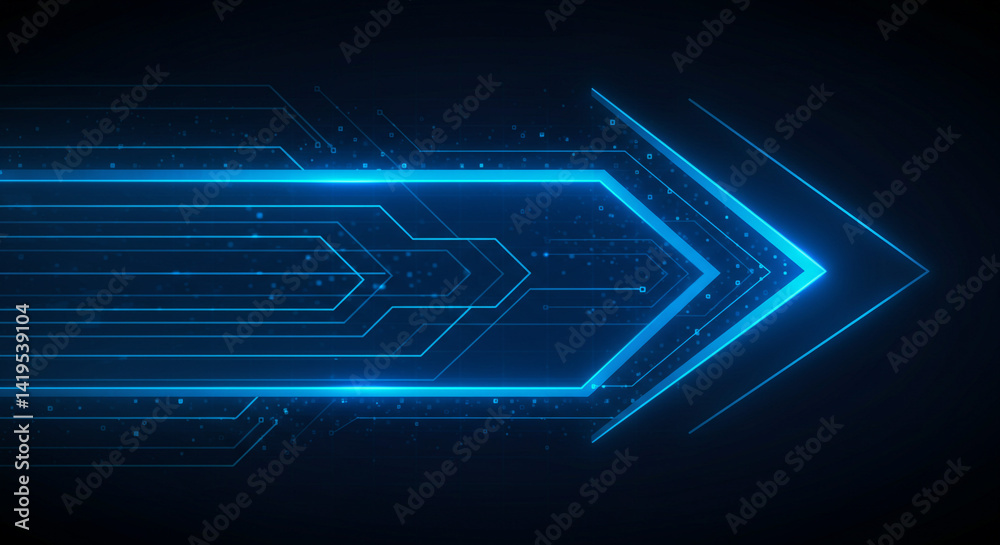 Wall mural a digital arrow pointing right with blue glowing lines on a dark background and circuit board design