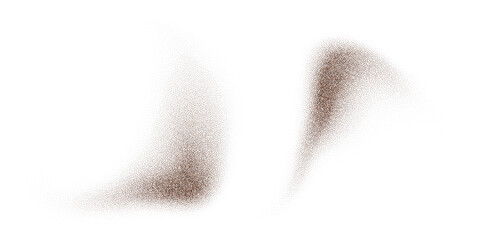 Coffee powder chocolate cocoa dust, brown sandy background. Cacao bean particles swirl and splash in realistic motion. Ground cinnamon and sugar scatter in fresh spiral wave design.