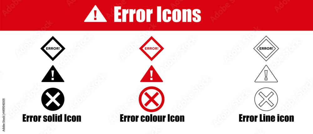 Poster collection of error warning and alert icons in various styles