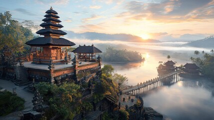 Obraz premium Majestic temple at sunrise over misty river